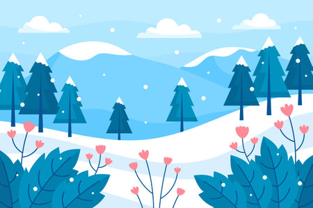 Winter Season Trees and Mountain Scenery Background for Wallpaper or Presentationのイラスト素材