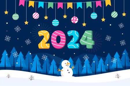 New Year Celebration Party Background Template with Winter Season Trees and Mountain Scenery  for Website, Banner, or Social Mediaのイラスト素材