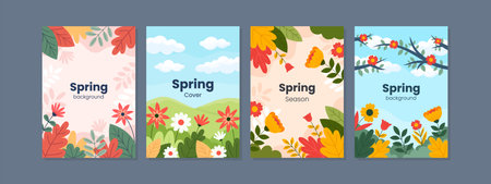 Set of abstract creative artistic templates with spring season concept. Universal cover Designs for Annual Report, Brochures, Flyers, Presentations, Leaflet, Magazine.のイラスト素材