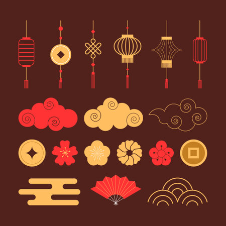 Flat Ornaments Collection for Chinese New Year Celebrationのイラスト素材