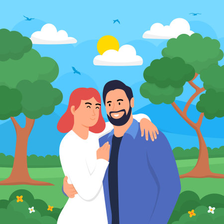 Happy couple hugging with positive emotion and loving together. Couple with cityscape background. Couple love and Valentine's Day conceptのイラスト素材