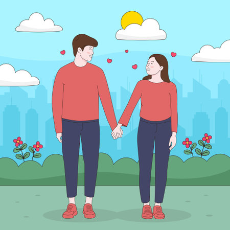 Young couple boy and girl standing holding hand embracing each other feeling in love. Romantic feelings and valentine's day conceptのイラスト素材
