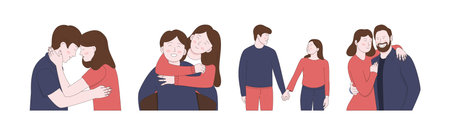 Happy Romatic Cute Couple Poses Collection Set Vector Illustration. Couple love and Valentine's Day conceptのイラスト素材