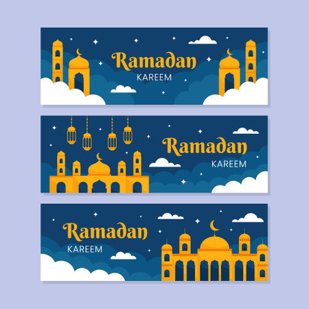 Ramadan Kareem Horizontal Banners Collection Set. Happy Eid Mubarak Celebrationのイラスト素材