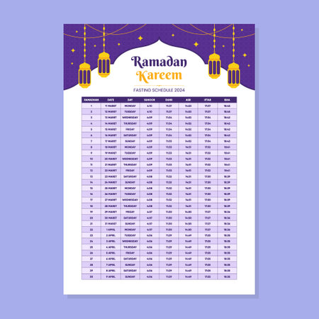 Ramadan Fasting Times Poster or Calendar Template. Happy Eid Mubarak Celebrationのイラスト素材