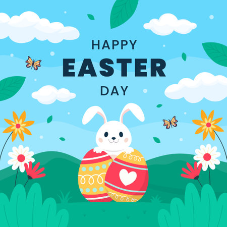 Happy Easter Celebration Background Template. Easter Day with Rabbit and Eggs Illustration for Social Mediaのイラスト素材