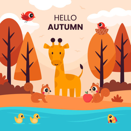 Autumn forest season with cute animals for social media, banner or presentationのイラスト素材