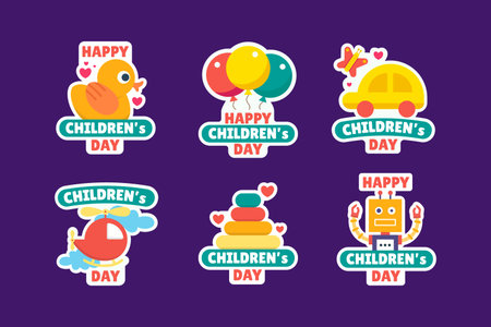 Flat Children Toys Sticker Collection Set. Minimalistic vector illustrations for mobile apps, ui ux, advertisements, website.のイラスト素材