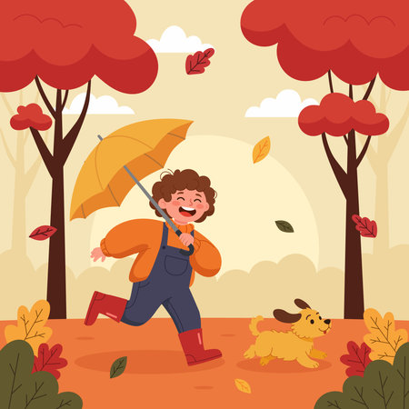 Autumn season illustration square poster design with children chasing dog in the park, falling leaf for social media post, banner, or presentation.のイラスト素材