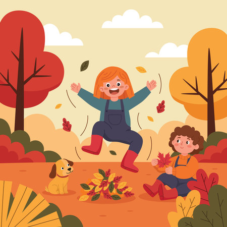 Autumn season illustration poster design with children playing in the park with dog, falling leaf for social media post, banner, or presentation.のイラスト素材