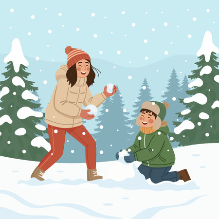 Woman and Child Building a Snowman in a Snowy Mountain Landscape. WInter season illustration for social media post, banner, or presentation.のイラスト素材