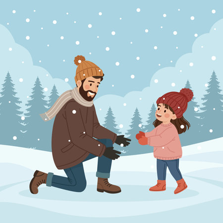 A father and his kid playing together in the park during winter. Illustration for social media posts, banners, or presentations.のイラスト素材