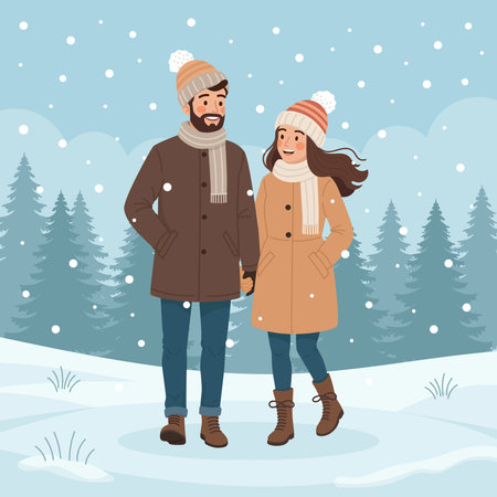 Happy Couple Enjoying a Snowy Winter Day Together. Illusration Concept to celebrate snow fall winter season or christmas for a coupleのイラスト素材