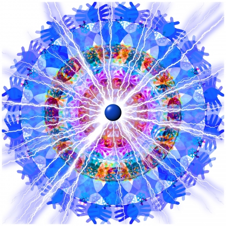 A kaleidoscopic image of hands, leaves, snowflakes in an array of blues, reds and oranges with an electrified lightning bolt blasting from the center.の写真素材