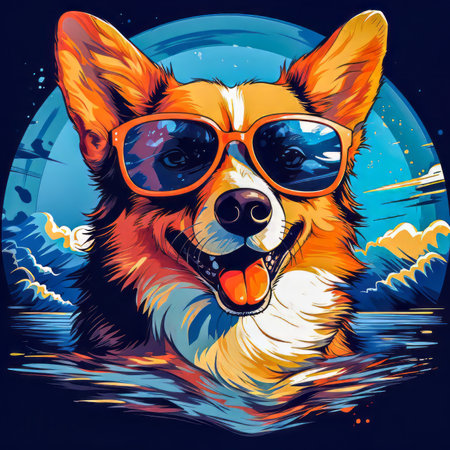 Corgi Illustration.  Generated Image.  A digital illustration of a happy looking Corgi dog wearing sunglasses.の素材