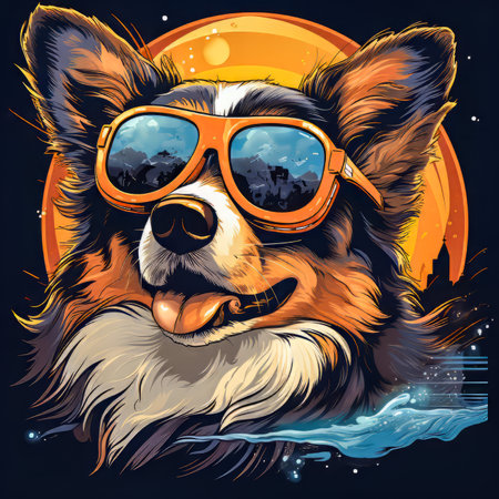 Corgi Illustration.  Generated Image.  A digital illustration of a happy looking Corgi dog wearing sunglasses.の素材