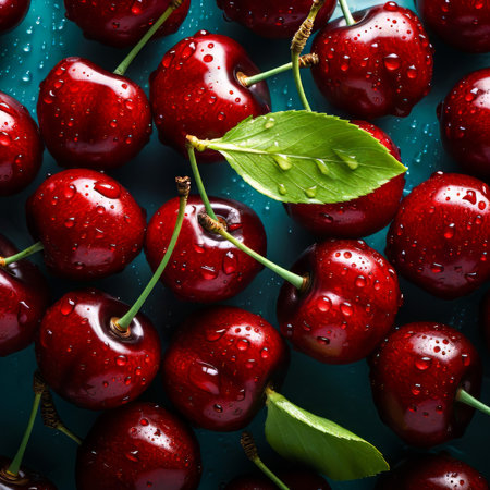 Stock Photo Image of Cherries with Water Drops.  Generated Image.  A digital rendering of a bunch of cherries with water drops.の素材
