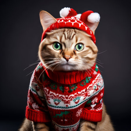 Cat Wearing Ugly Christmas Sweater.  Generated Image.  A digital rendering of a cat wearing an ugly Christmas sweater.の素材