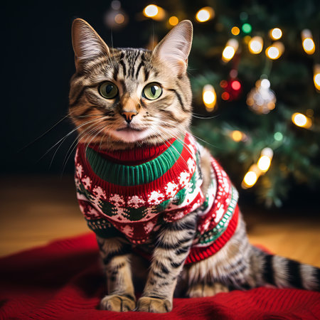 Cat Wearing Ugly Christmas Sweater.  Generated Image.  A digital rendering of a cat wearing an ugly Christmas sweater.の素材