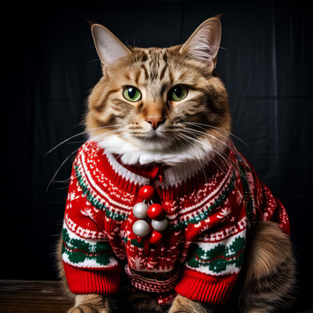 Cat Wearing Ugly Christmas Sweater.  Generated Image.  A digital rendering of a cat wearing an ugly Christmas sweater.の素材