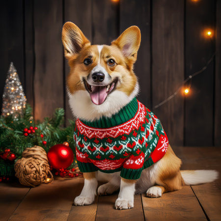 Dog Wearing Ugly Christmas Sweater.  Generated Image.  A digital rendering of a dog wearing an ugly Christmas sweater.の素材