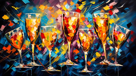 Abstract Champagne Toast.  Generated Image.  A digital illustration depicting a champagne toast in a bold and colorful abstract art style.の素材