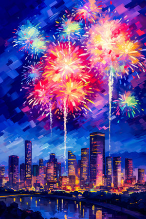 Impressionist Fireworks.  Generated Image.  A digital illustration of a vibrant scene of fireworks over a cityscape using an Impressionist art style.の素材