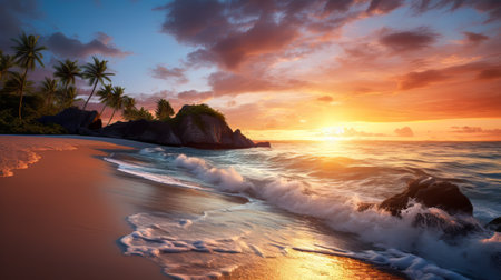 Beach at sunrise.  Generated Image.  A digital rendering of a peaceful, secluded beach at sunrise, highlighting the serenity of the moment.の素材