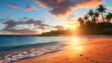Beach at sunrise.  Generated Image.  A digital rendering of a peaceful, secluded beach at sunrise, highlighting the serenity of the moment.の素材