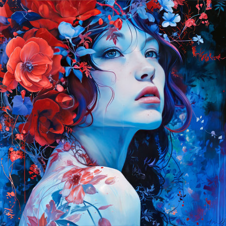 Ruby and Periwinkle Fantasy Woman.  Generated Image.  A digital rendering of a woman in a fantasy setting with ruby and periwinkle colors.の素材