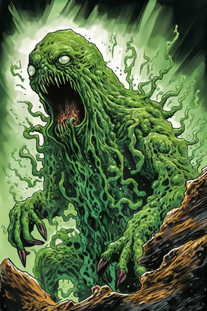 Green Slime Monster.  Comic Book Art. Generated Image.  A digital illustration of a green slime monster in the comic book art style.の素材