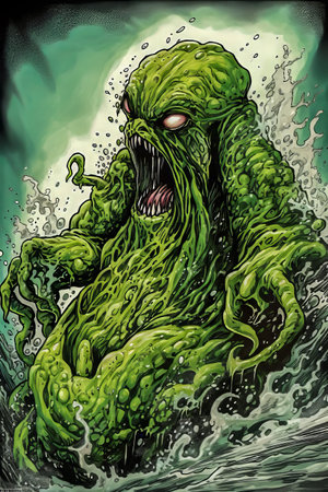 Green Slime Monster.  Comic Book Art. Generated Image.  A digital illustration of a green slime monster in the comic book art style.の素材