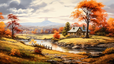 Autumn Landscape Illustration.  Generated Image.  A digital illustration of a painting of an autumn landscape of a farmhouse and a stream.の素材