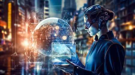Futuristic Technology.  Generated Image.  A digital rendering of the cutting-edge world of technology with futuristic gadgets, AI, and robotics.の素材