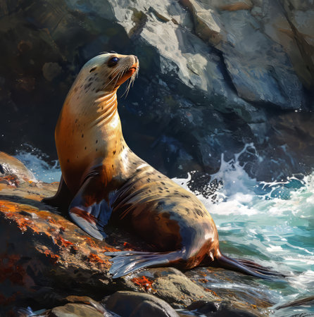 Sea Lion Illustration.  Generated Image.   A digital illustration of a sea lion basking lazily on the rocky shore.の素材