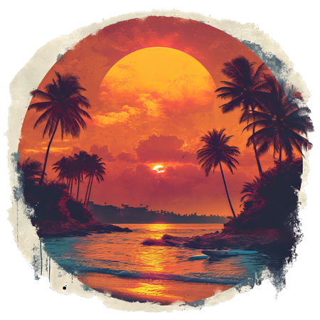 Surf Paradise.  Generated Image.  A digital illustration of a vintage t-shirt design of a retro beach scene with palm trees, surfboards and a vibrant sunset.の素材