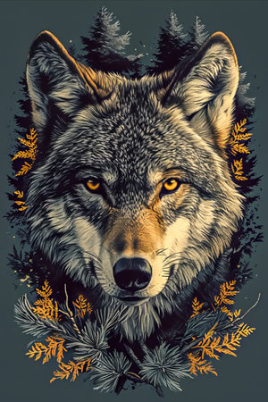 Lone Wolf Portrait.  Generated Image.  A digital illustration of a stylized wolf in a forest as a t-shirt design.の素材