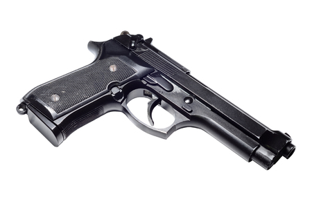 Used black metal 9mm pistol gun on white background