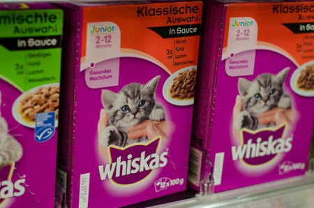 Soest, Germany - January 2, 2018: closeup of Whiskas packets cat food. Whiskas is a brand of cat food sold throughout the world.  It is owned by the American company Mars, Incorporated.のeditorial素材