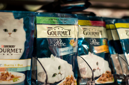 Soest, Germany - January 2, 2018: Closeup of Purina Gourmet Perle, pouches of wet cat food.のeditorial素材