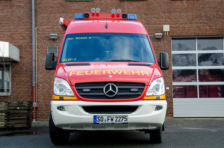 Soest, Germany - December 18, 2017:  Fire department service truck (Feuerwehr Soest). 112 is the...