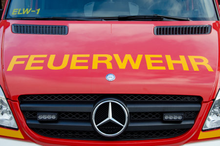 Soest, Germany - December 18, 2017:  Fire department service truck (Feuerwehr Soest). 112 is the European emergency number that can be dialed free of charge is used for fire and medical emergency.のeditorial素材