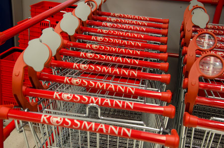 Soest, Germany - December 19, 2017: Shopping trolley in Rossmann store. Rossmann is Germany's second-largest drug store  with other 3,600 stores in Europe.のeditorial素材