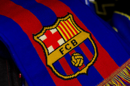 Soest, Germany - December 27. 2017: Scarf with logo FC Barcelonaのeditorial素材
