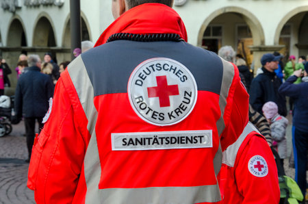 Soest, Germany - December 31, 2017: German Red Cross Medical Corps on patrol (German: Deutsches Rotes Kreuz, SanitÃ¤tsdienst)のeditorial素材