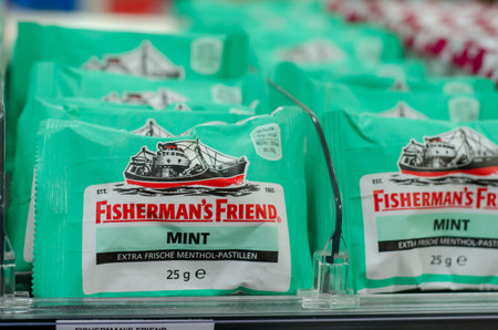 Soest, Germany - January 3, 2018: Fishermen's Friend lozenge for sale in the supermarket. Fisherman's Friend is a brand of strong menthol lozenges produced by the Lofthouse.のeditorial素材