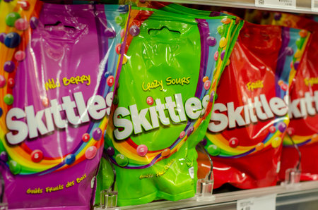 Soest, Germany - January 3, 2018: Closeup of Skittles pack fruit-flavoured sweets. Produced and...