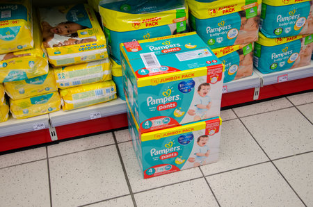 Soest, Germany - January 9, 2018: Pampers pack for sale in the Rossmann store. Pampers is an American name brand of baby and toddler products marketed by Procter & Gamble.のeditorial素材