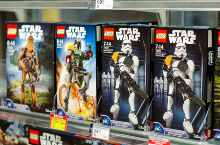 Soest, Germany - January 12, 2018:  Lego construction kits for sale in the MÃ¼ller supermarket. Lego is a line of plastic construction toys that are manufactured by The Lego Group company in Denmark.のeditorial素材