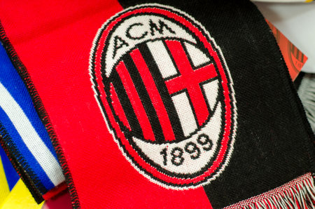 Soest, Germany - January 12, 2018: Scarf with logo Associazione Calcio Milan (A.C. Milan)のeditorial素材